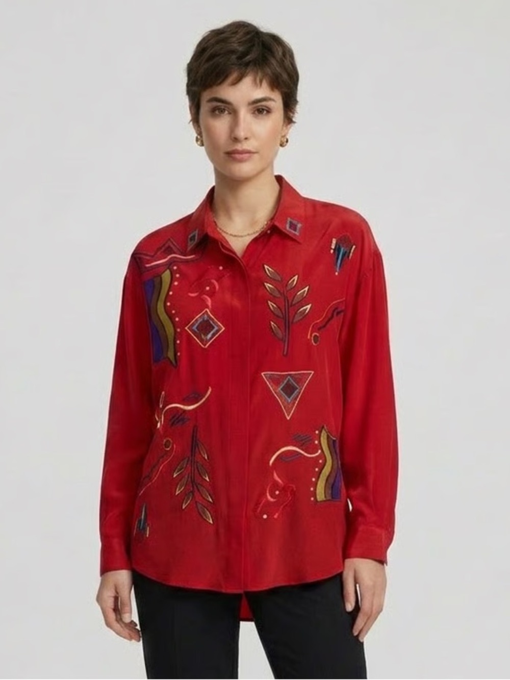 REGINA PORTER | Vintage Silk Red Beaded and Embroidered Button-Down Shirt Sz S